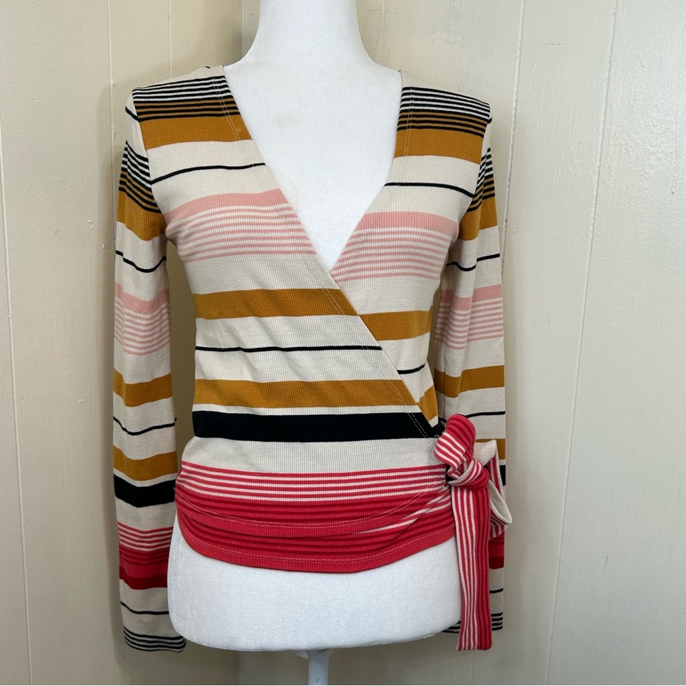 Billabong Striped Wrap Top in Cream, Mustard, Pink, Black & Red